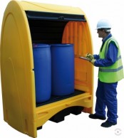 Closes 250 L polyethylene workstation with collecting tub for 2 barrels 3