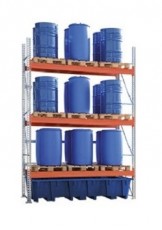Paletinis stelažas, 3 lentynos, su PE 1150 L prasiliejimų vonia, 6x1000L KTC-IBC 