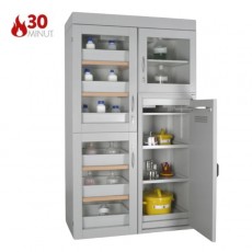 Combi-30XL kombinuota spinta saugiam degių medžiagų laikymui, 6 lentynos, kodas:124-834-204, 3 stiklinės, pilkos, 1 pilkos durys be stiklo