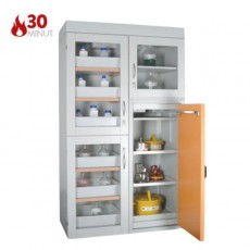 Combi-30XL kombinuota spinta saugiam degių medžiagų laikymui, 6 lentynos, 3 stiklinės, pilkos, 1 geltonos durys be stiklo