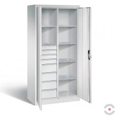 Dirbtuvių spinta, 6 lentynos, 8 stalčiai, dvivėrės durys be stiklo, plotis 930 mm, gylis 500 mm