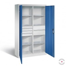 Dirbtuvių spinta, 6 lentynos, 6 stalčiai, dvivėrės durys be stiklo, plotis 930 mm, gylis 500 mm, pilka-mėlyna spalva