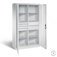 Dirbtuvių spinta, 6 lentynos, 6 stalčiai, dvivėrės durys be stiklo, plotis 930 mm, gylis 500 mm,pilka spalva