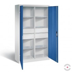 Dirbtuvių spinta, 2x3 lentynos, 2x2 stalčiai, dvivėrės durys be stiklo, plotis 1200 mm, gylis 500 mm, pilka-mėlyna spalva