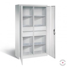 Dirbtuvių spinta, 2x3 lentynos, 2x2 stalčiai, dvivėrės durys be stiklo, plotis 930 mm, gylis 500 mm, pilka spalva