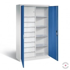 Dirbtuvių spinta, 4 lentynos, 8 stalčiai, dvivėrės durys be stiklo, plotis 1200 mm, gylis 500 mm, pilka-mėlyna spalva