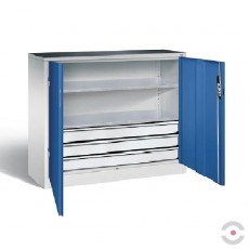 Papildoma dirbtuvių spinta, 2 lentynos, 3 stalčiai, viršutinis kilimėlis, aukštis1000 mm, plotis 930 mm, gylis 500 mm, pilka-mėlyna spalva