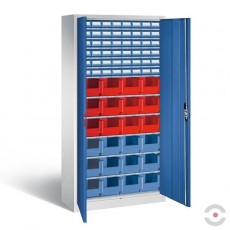 72 dėžučių dirbtuvių spintos smulkiems daiktams. Matmenys (GxPxA): 420x1000x1980 mm. Lentynų skaičius 11 vnt., pilka-mėlyna spalva