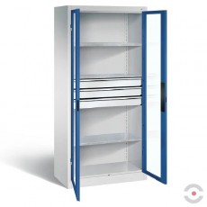 Spinta akrilo stiklo durimis, plotis 930 mm, gylis 600 mm, 3 lentynos, 3 stalčiai, pilkai-mėlyna