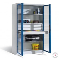 Spinta akrilo stiklo durimis, plotis 1200 mm, gylis 600 mm, 3 lentynos, 3 stalčiai, pilkai-mėlyna