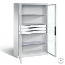 Spinta akrilo stiklo durimis, plotis 1200 mm, gylis 500 mm, 3 lentynos, 3 stalčiai, pilka