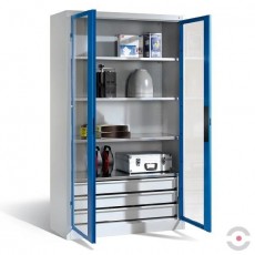 Spinta akrilo stiklo durimis, plotis 1200 mm, gylis 500 mm, 4 lentynos, 3 stalčiai apačioje, pilkai-mėlyna