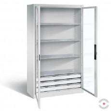 Spinta akrilo stiklo durimis, plotis 1200 mm, gylis 500 mm, 4 lentynos, 3 stalčiai apačioje, pilka