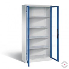 Spinta akrilo stiklo durimis, plotis 930 mm, gylis 600 mm, 4 lentynos, be stalčių, pilkai-mėlyna