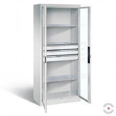 Spinta akrilo stiklo durimis, plotis 930 mm, gylis 500 mm, 3 lentynos, 3 stalčiai per vidurį, pilka