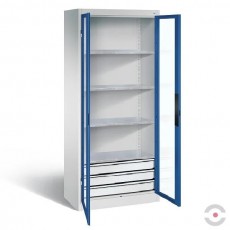 Spinta akrilo stiklo durimis, plotis 930 mm, gylis 500 mm, 3 lentynos, 3 stalčiai apačioje, pilkai-mėlyna