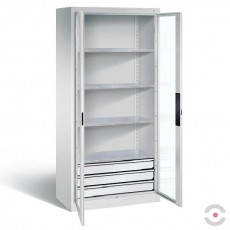 Spinta akrilo stiklo durimis, plotis 930 mm, gylis 500 mm, 3 lentynos, 3 stalčiai apačioje, pilka