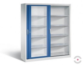 Dirbtuvių spinta, akrilo stiklo stumdomomis durimis, 2x4 lentynos, plotis 1600 mm, aukštis 1950 mm, gylis 600 mm, pilka-mėlyna