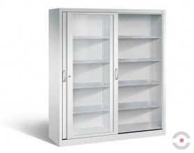 Dirbtuvių spintelė, akrilo stiklo stumdomomis durimis, 2x4 lentynos, plotis 1600 mm, aukštis 1000 mm, gylis 500 mm, pilka