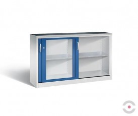 Dirbtuvių spintelė akrilo stiklo stumdomomis durimis, 2x1 lentynos, plotis 1600 mm, aukštis 1000 mm, gylis 400 mm, pilkai-mėlyna
