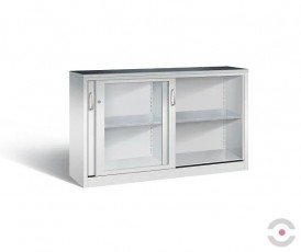 Dirbtuvių spintelė akrilo stiklo stumdomomis durimis, 2x1 lentynos, plotis 1600 mm, aukštis 1000 mm, gylis 400 mm, pilka