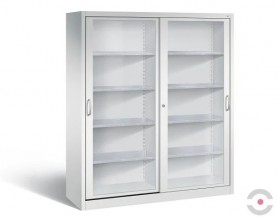 Dirbtuvių spinta, 4 lentynos, stumdomos durys iš akrilo stiklo, plotis 1200 mm, aukštis 1950 mm, gylis 600 mm, pilka