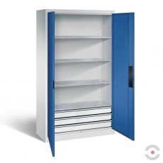 Padidintos keliamosios galios 700 kg dirbtuvių spinta, 4 lentynos, 3 stalčiai apačioje, plotis 1200 mm, aukštis 1950 mm, gylis 600 mm, pilkai-mėlyna