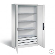 Padidintos keliamosios galios 700 kg dirbtuvių spinta, 4 lentynos, 3 stalčiai apačioje, gylis 500 mm, pilka