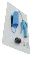 Pūstuvas-pistoletas, spiralinė žarna, mova, jungtis pakuotėje