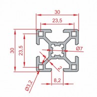 Aliuminio profilio SLOT8 30x30 mm matmenys