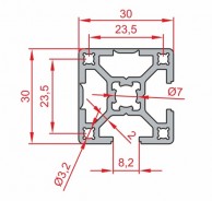 Uždaro aliuminio profilio SLOT8 30x30 mm matmenys