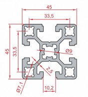 Sustiprinto aliuminio profilio SLOT10 45x45 mm pjūvis