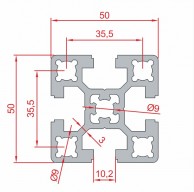 Sustiprinto aliuminio profilio SLOT10 50x50 matmenys