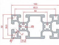 Sustiprinto aliuminio profilio SLOT10 50x100 matmenys